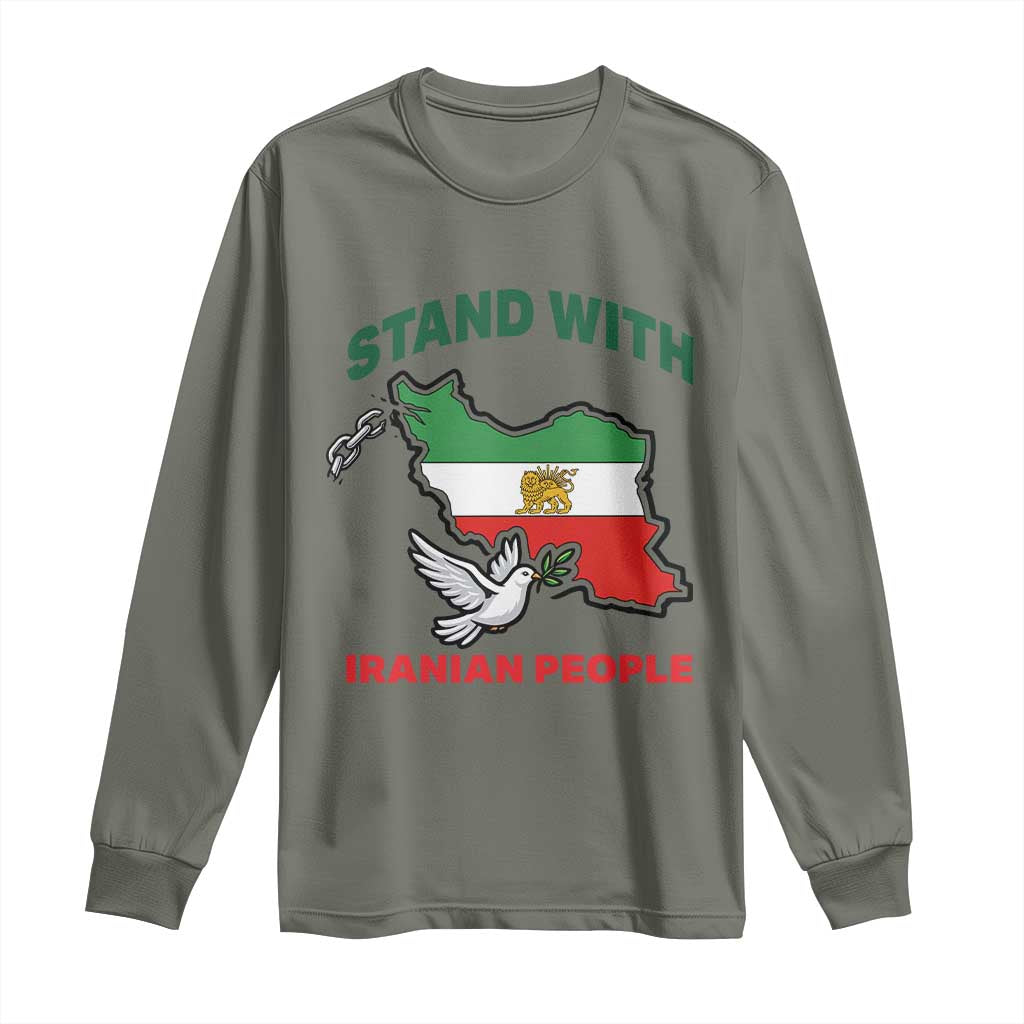 Stand With Iranian People Peace Dove Long Sleeve Shirt Iran Map Flag Freedom Human Rights Support TS02 Military Green Print Your Wear