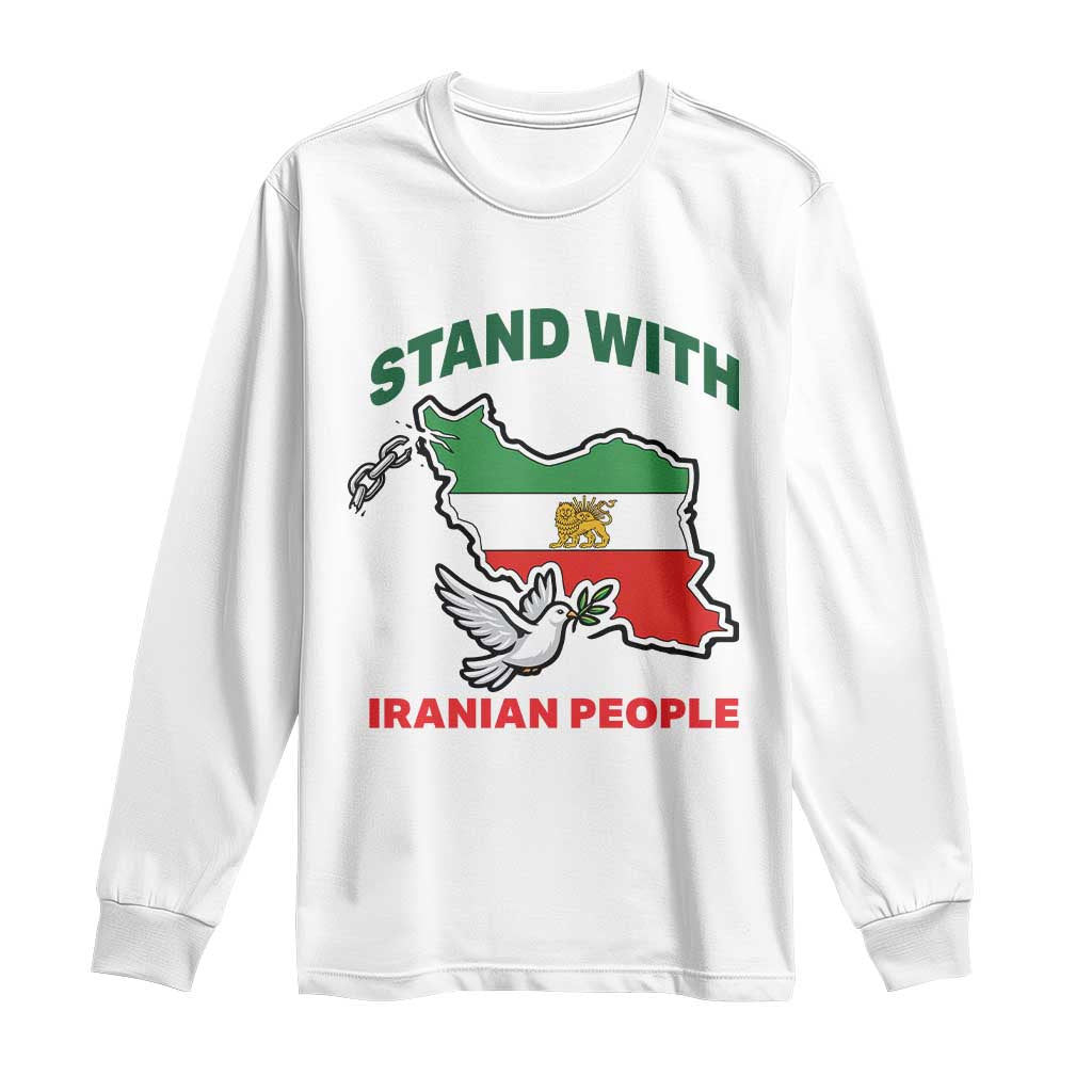 Stand With Iranian People Peace Dove Long Sleeve Shirt Iran Map Flag Freedom Human Rights Support TS02 White Print Your Wear