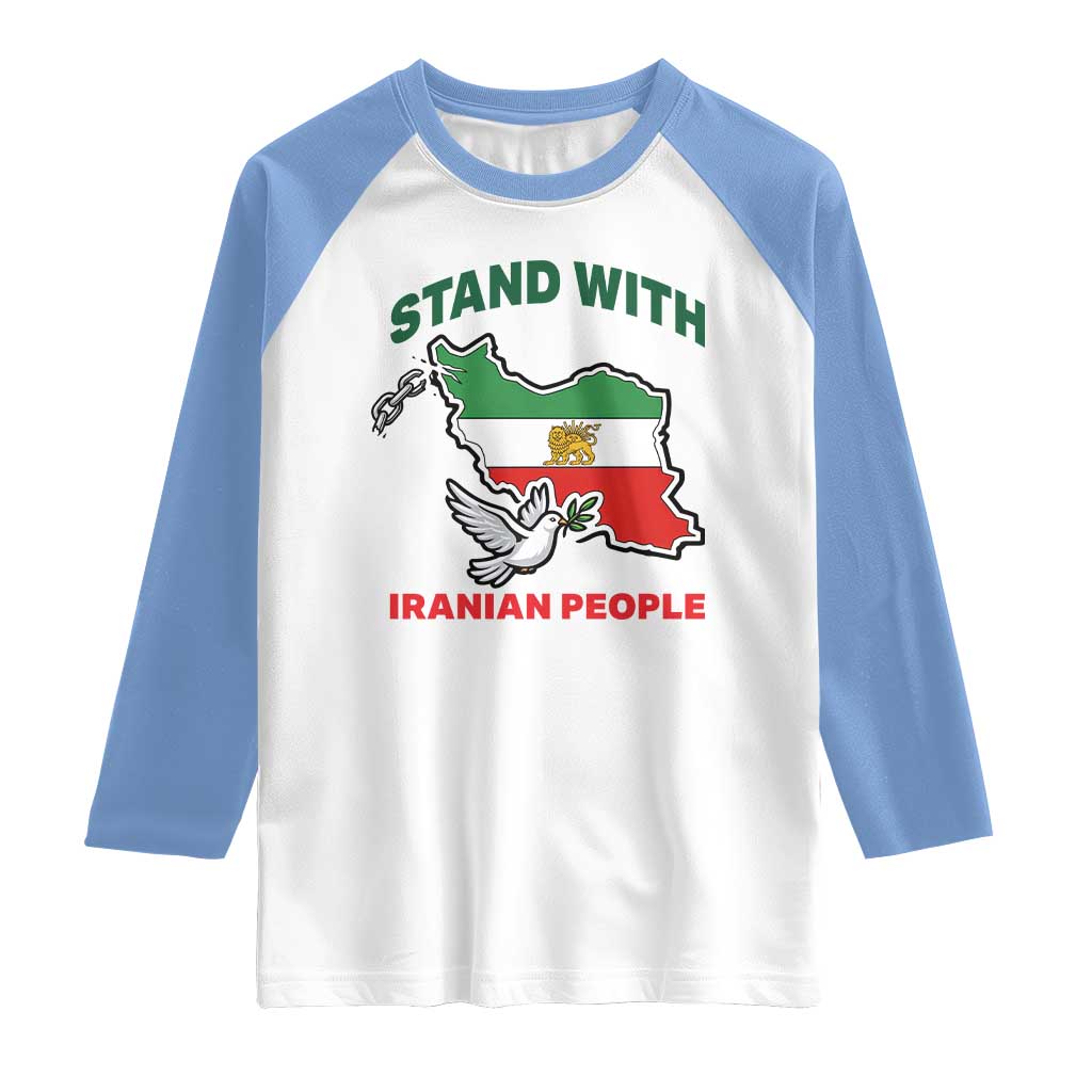 Stand With Iranian People Peace Dove Raglan Shirt Iran Map Flag Freedom Human Rights Support TS02 White Carolina Blue Print Your Wear