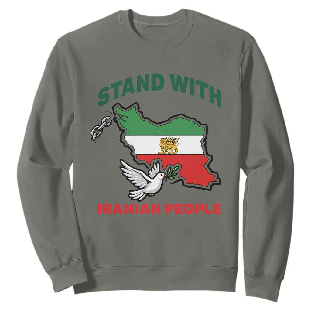 Stand With Iranian People Peace Dove Sweatshirt Iran Map Flag Freedom Human Rights Support TS02 Military Green Print Your Wear