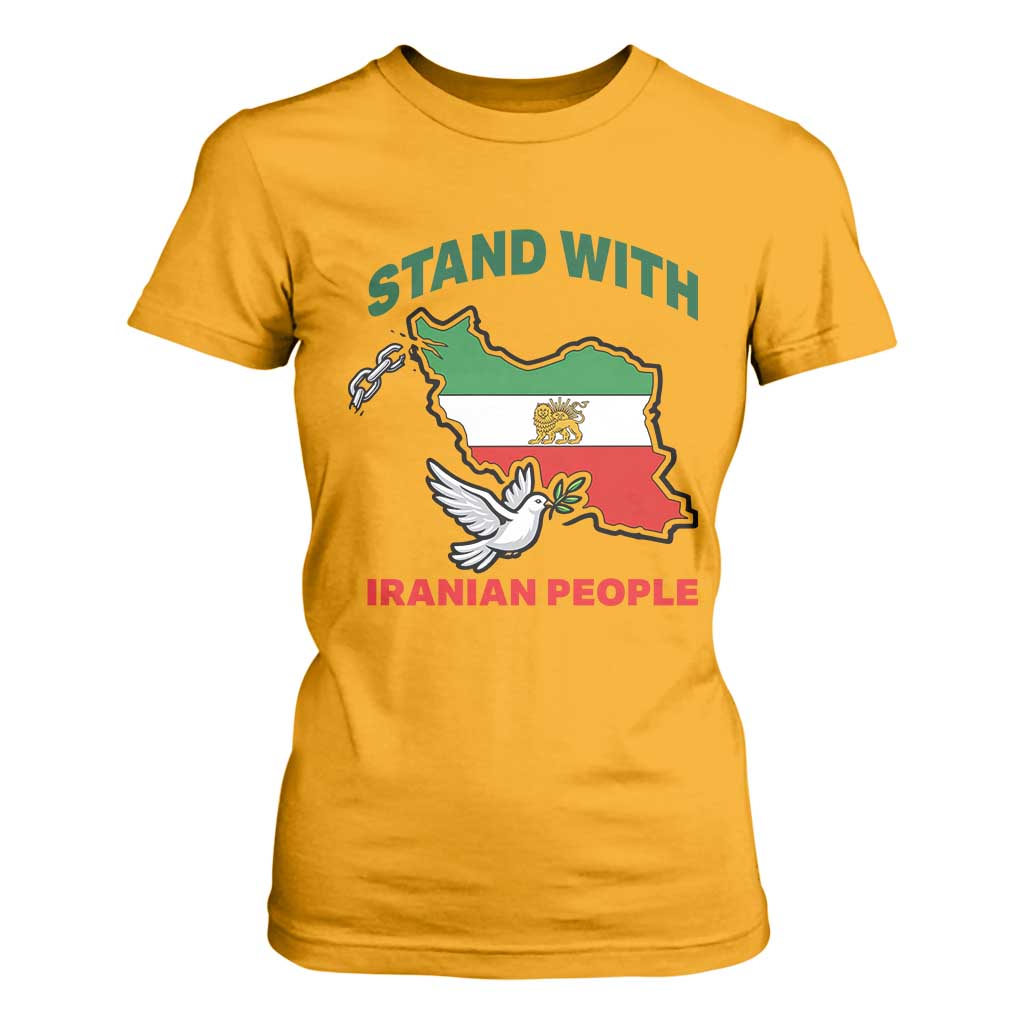 Stand With Iranian People Peace Dove T Shirt For Women Iran Map Flag Freedom Human Rights Support TS02 Gold Print Your Wear