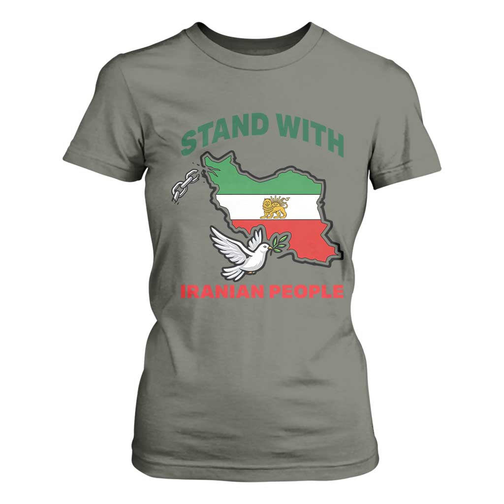 Stand With Iranian People Peace Dove T Shirt For Women Iran Map Flag Freedom Human Rights Support TS02 Military Green Print Your Wear