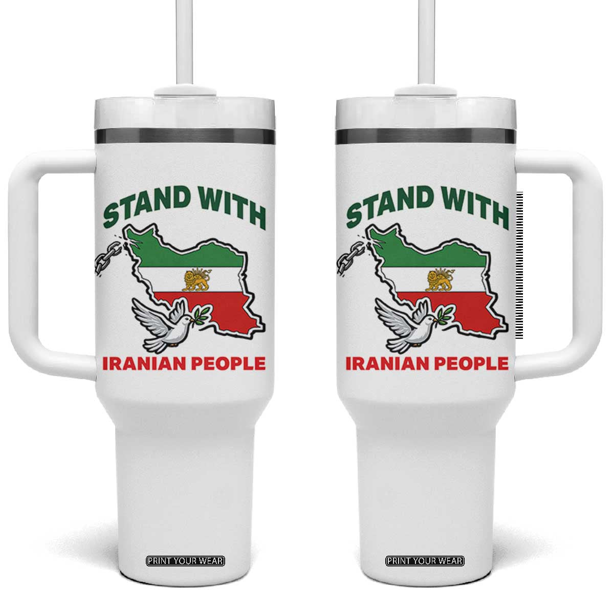 Stand With Iranian People Peace Dove Tumbler With Handle Iran Map Flag Freedom Human Rights Support TS02 One Size: 40 oz White Print Your Wear
