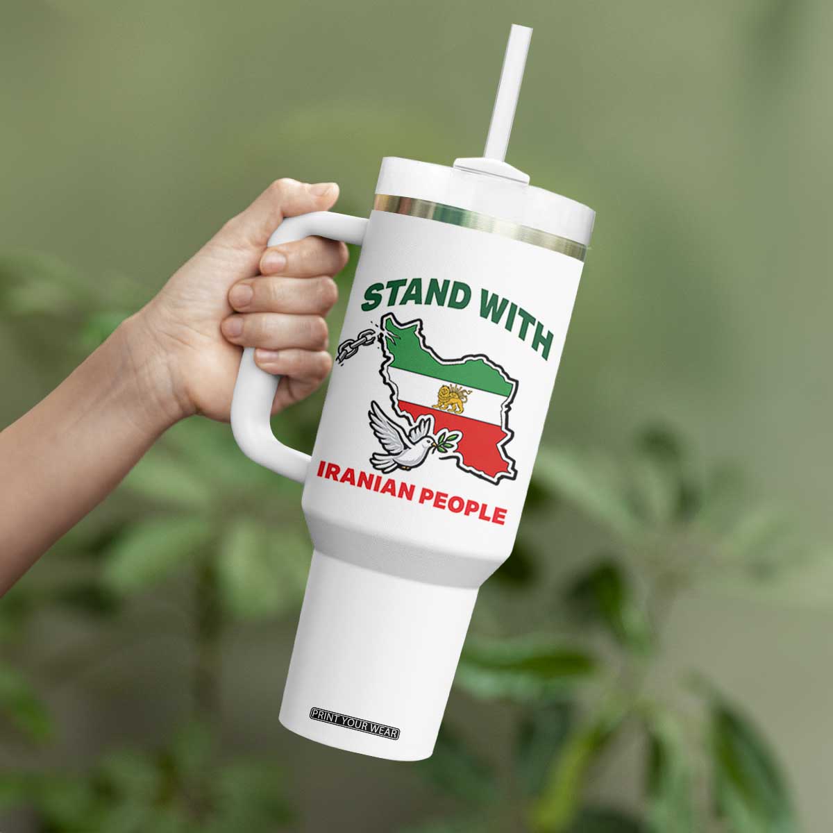 Stand With Iranian People Peace Dove Tumbler With Handle Iran Map Flag Freedom Human Rights Support TS02 Print Your Wear