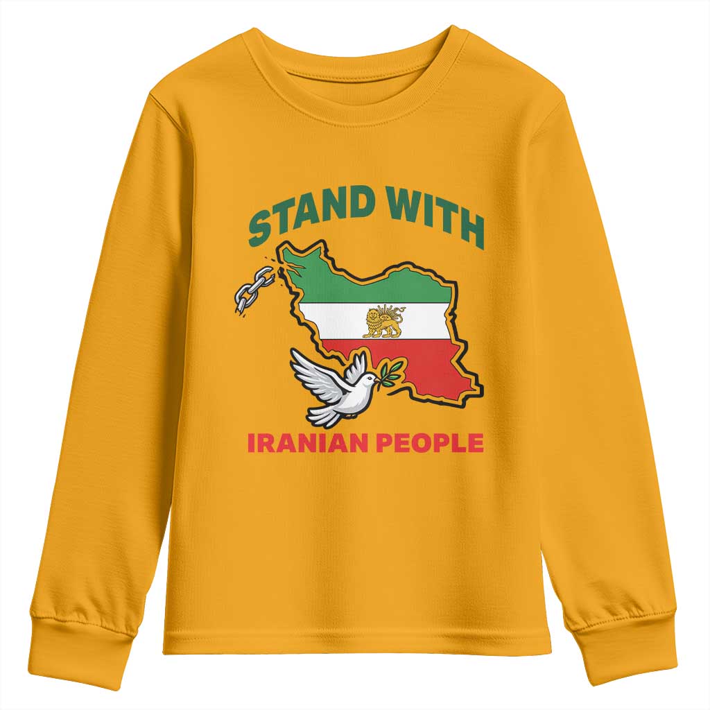 Stand With Iranian People Peace Dove Youth Sweatshirt Iran Map Flag Freedom Human Rights Support TS02 Gold Print Your Wear