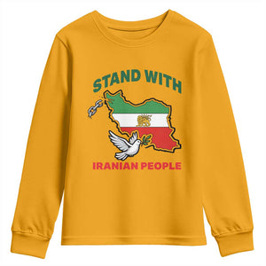 Stand With Iranian People Peace Dove Youth Sweatshirt Iran Map Flag Freedom Human Rights Support TS02 Gold Print Your Wear