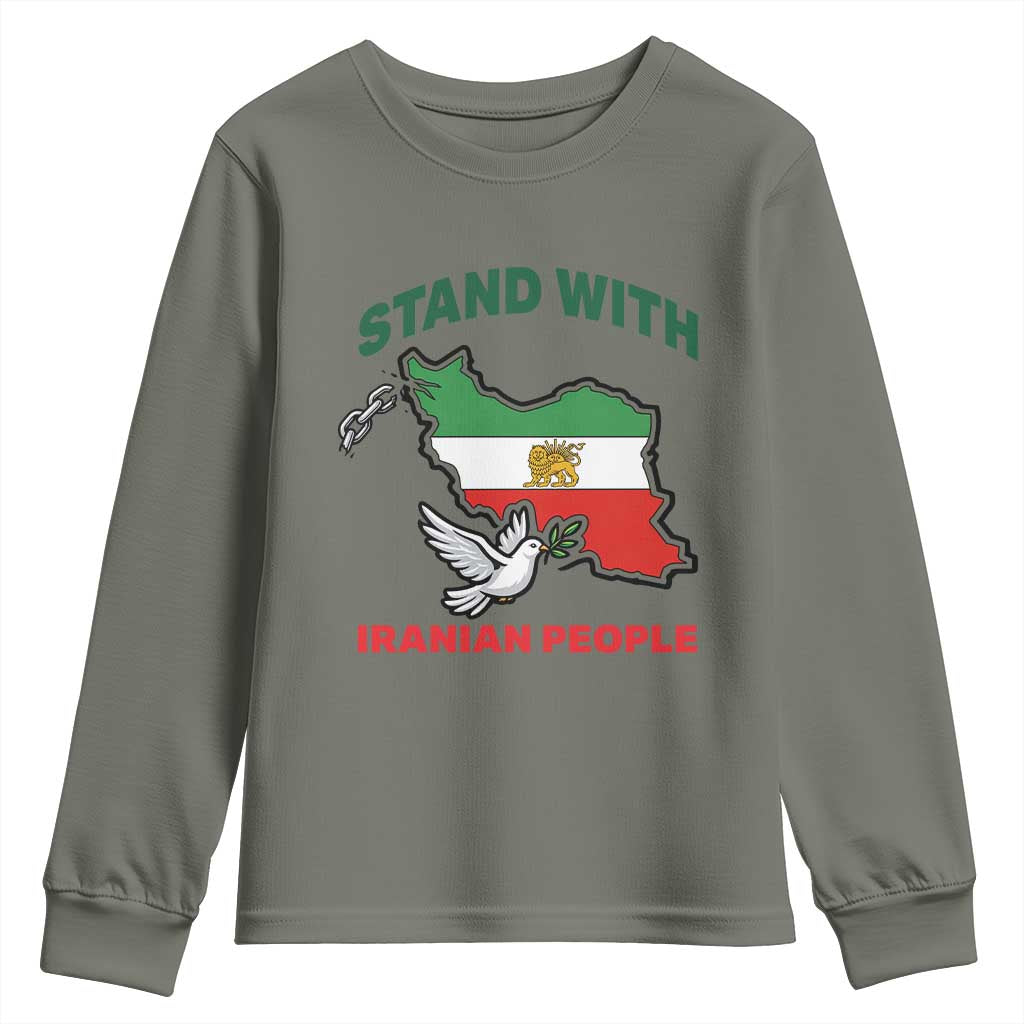 Stand With Iranian People Peace Dove Youth Sweatshirt Iran Map Flag Freedom Human Rights Support TS02 Military Green Print Your Wear