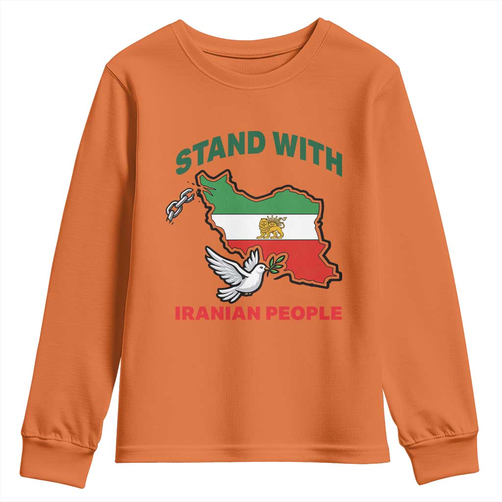 Stand With Iranian People Peace Dove Youth Sweatshirt Iran Map Flag Freedom Human Rights Support TS02 Orange Print Your Wear