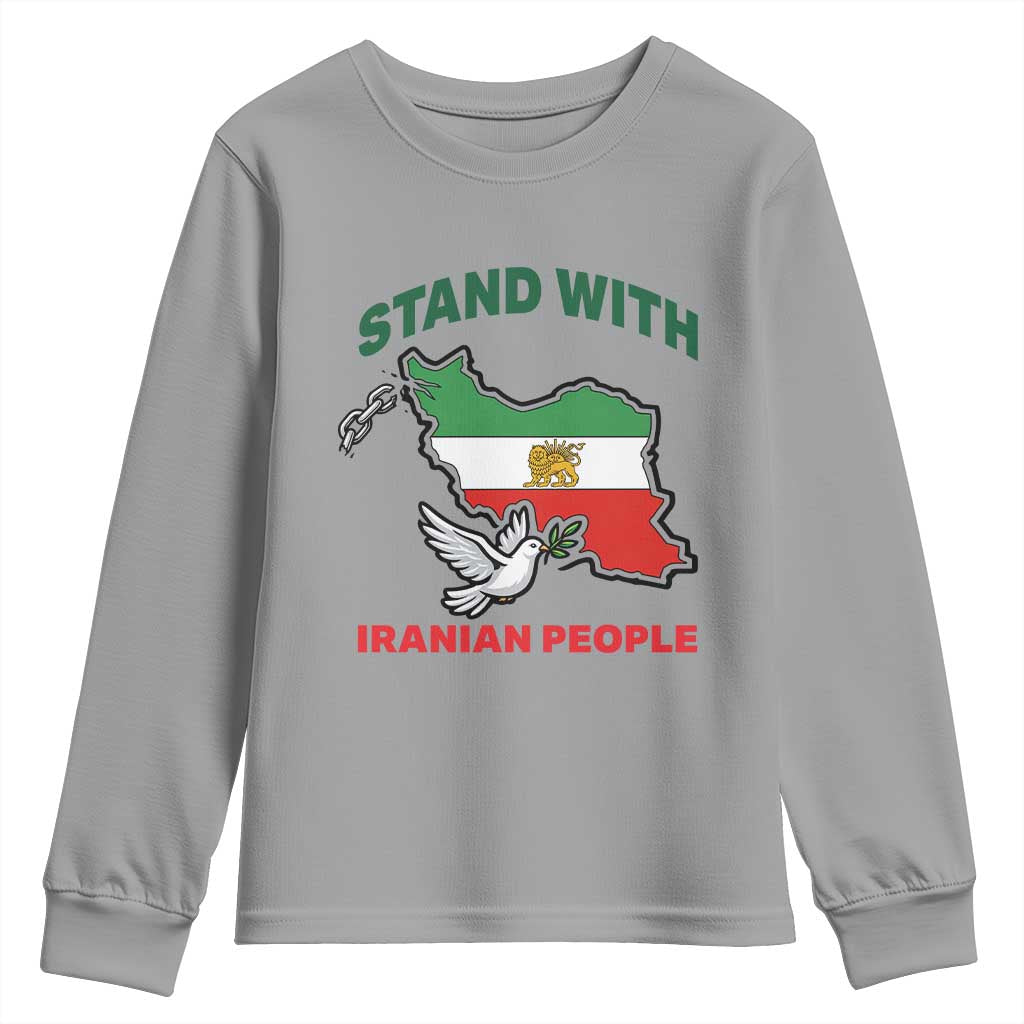 Stand With Iranian People Peace Dove Youth Sweatshirt Iran Map Flag Freedom Human Rights Support TS02 Sport Gray Print Your Wear