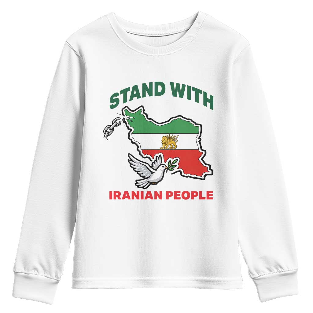 Stand With Iranian People Peace Dove Youth Sweatshirt Iran Map Flag Freedom Human Rights Support TS02 White Print Your Wear