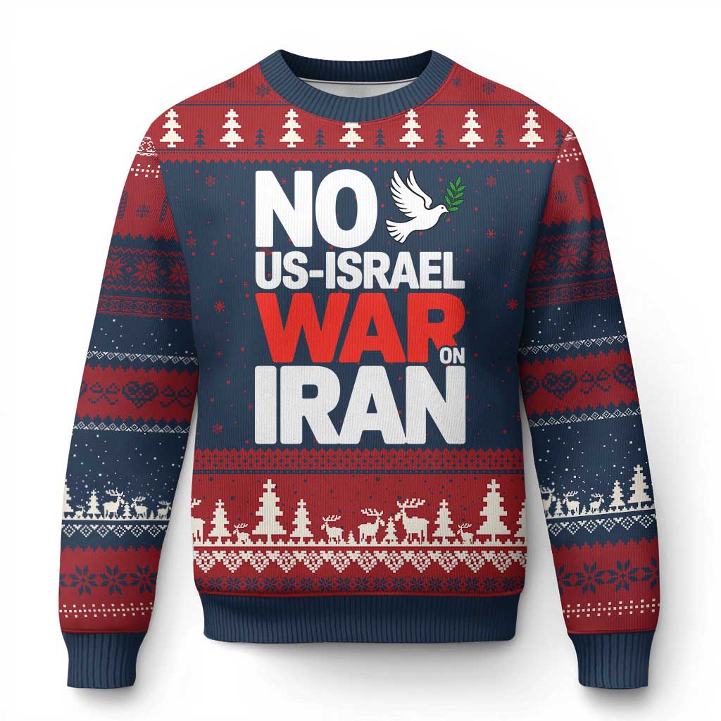 No US Israel War On Iran Ugly Christmas Sweater Anti War Peace Dove TS02 Navy Red Print Your Wear