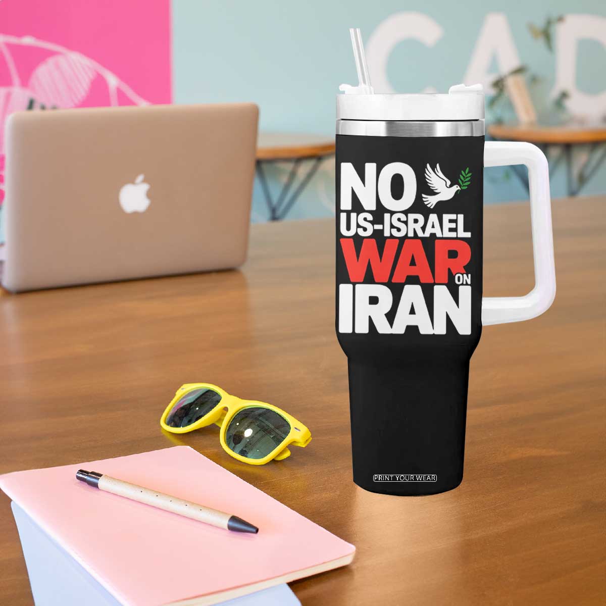 No US Israel War On Iran Tumbler With Handle Anti War Peace Dove TS02 Print Your Wear
