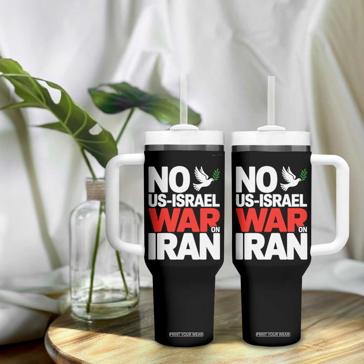 No US Israel War On Iran Tumbler With Handle Anti War Peace Dove TS02 Print Your Wear