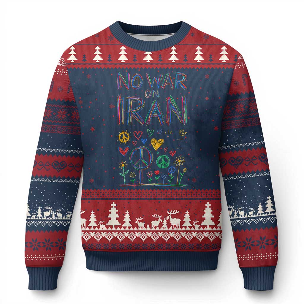 No War On Iran Colorful Peace Graphic Ugly Christmas Sweater Retro Anti War Protest TS02 Navy Red Print Your Wear