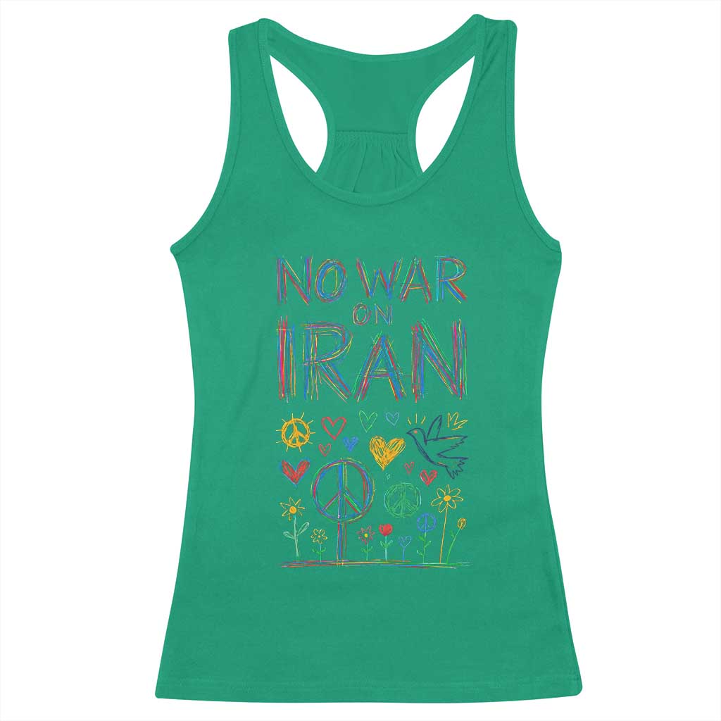 No War On Iran Colorful Peace Graphic Racerback Tank Top Retro Anti War Protest TS02 Irish Green Print Your Wear