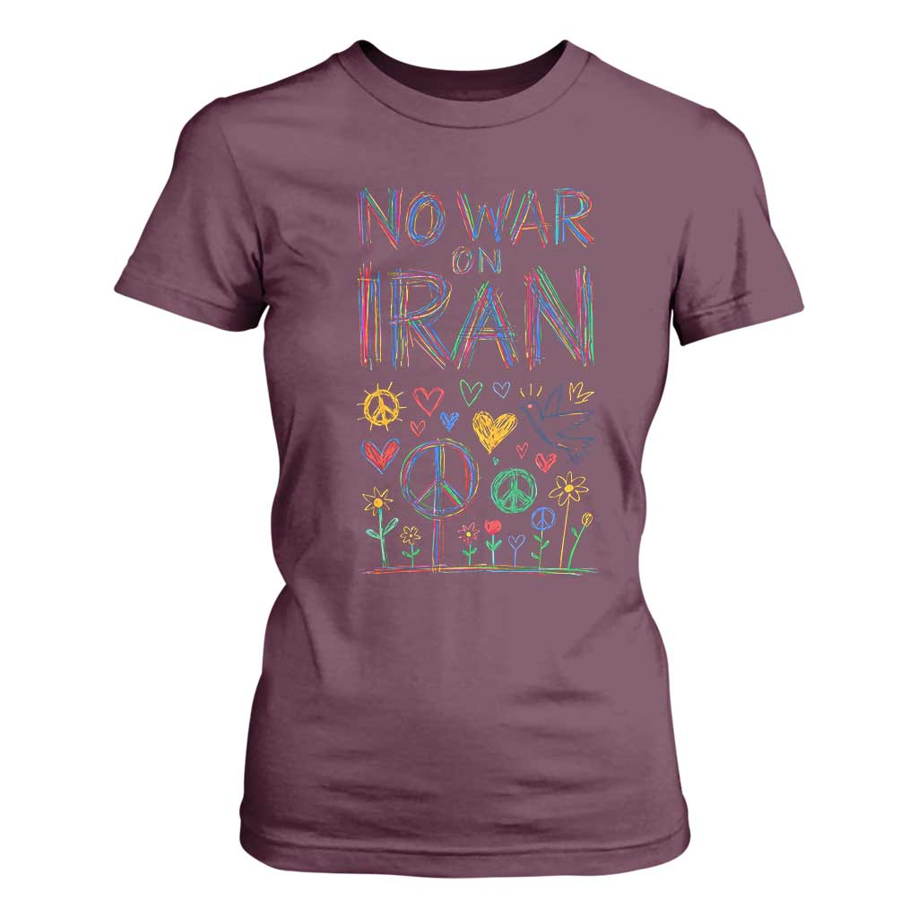 No War On Iran Colorful Peace Graphic T Shirt For Women Retro Anti War Protest TS02 Maroon Print Your Wear