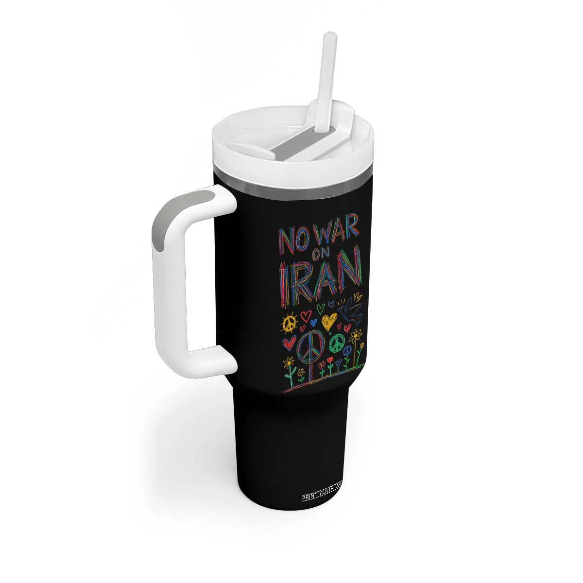No War On Iran Colorful Peace Graphic Tumbler With Handle Retro Anti War Protest TS02 Print Your Wear
