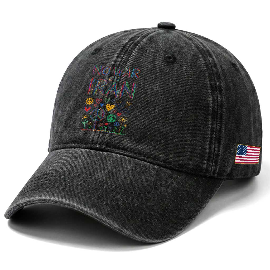 No War On Iran Colorful Peace Graphic Washed Cotton Baseball Cap Retro Anti War Protest TS02 Print Your Wear