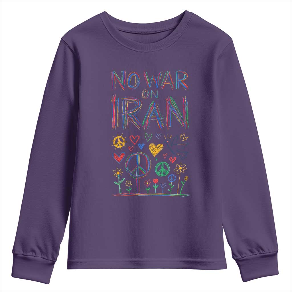 No War On Iran Colorful Peace Graphic Youth Sweatshirt Retro Anti War Protest TS02 Purple Print Your Wear