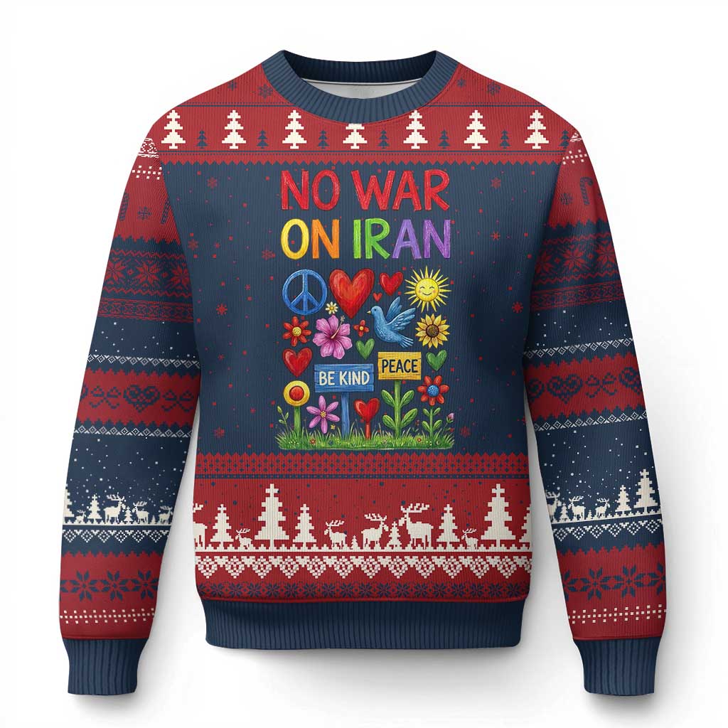 No War On Iran Colorful Peace Protest Ugly Christmas Sweater Anti War Activist Statement TS02 Navy Red Print Your Wear