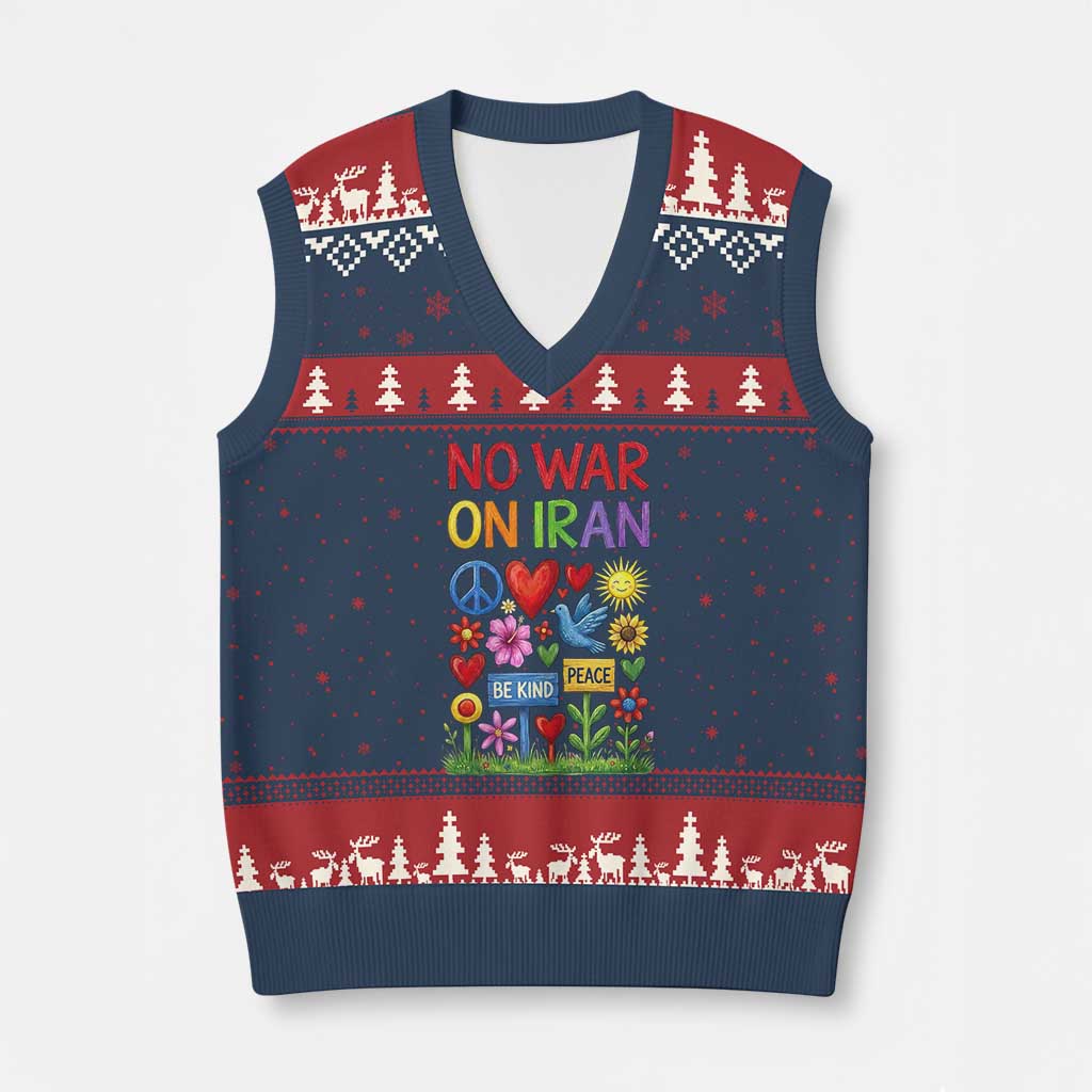 No War On Iran Colorful Peace Protest V-Neck Knit Sweater Vest Anti War Activist Statement TS02 Navy Red Print Your Wear