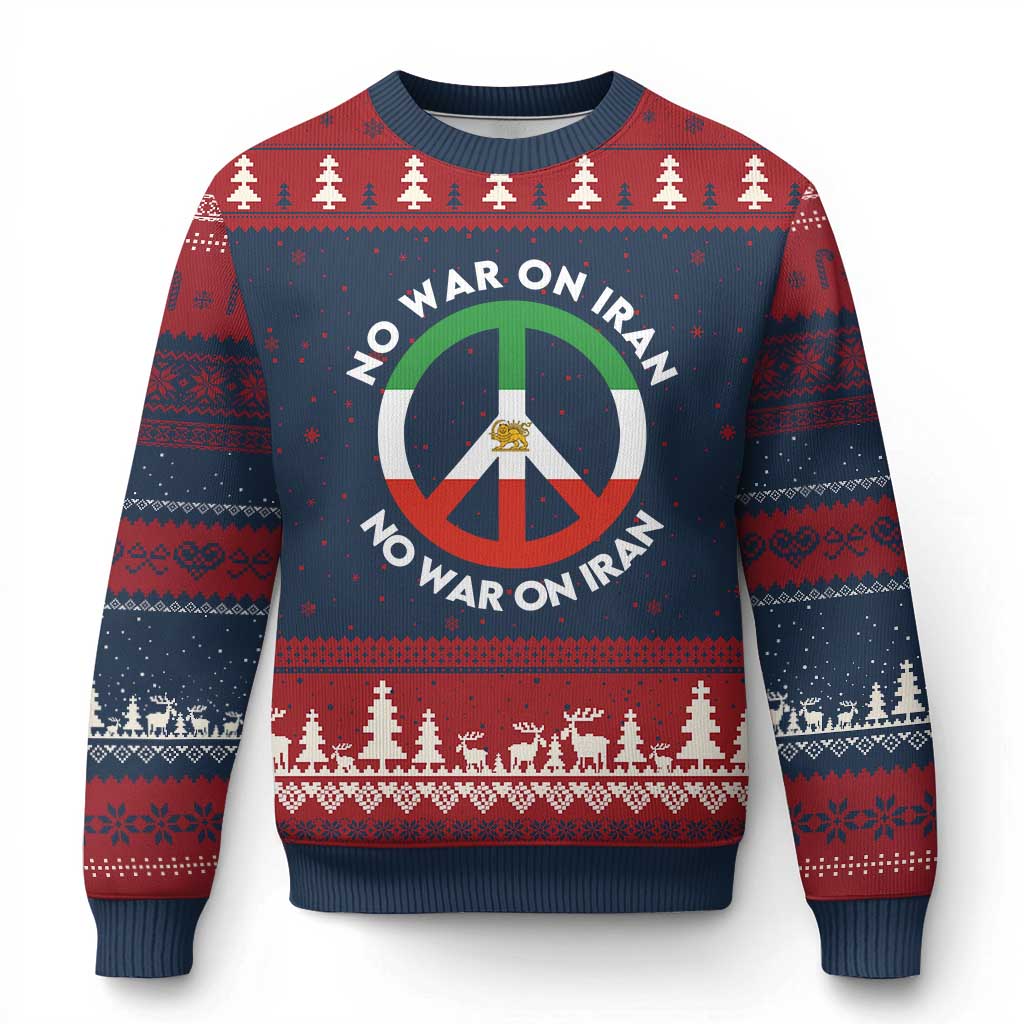 No War On Iran Peace Symbol Ugly Christmas Sweater Iranian Lion Emblem Anti War Protest TS02 Navy Red Print Your Wear
