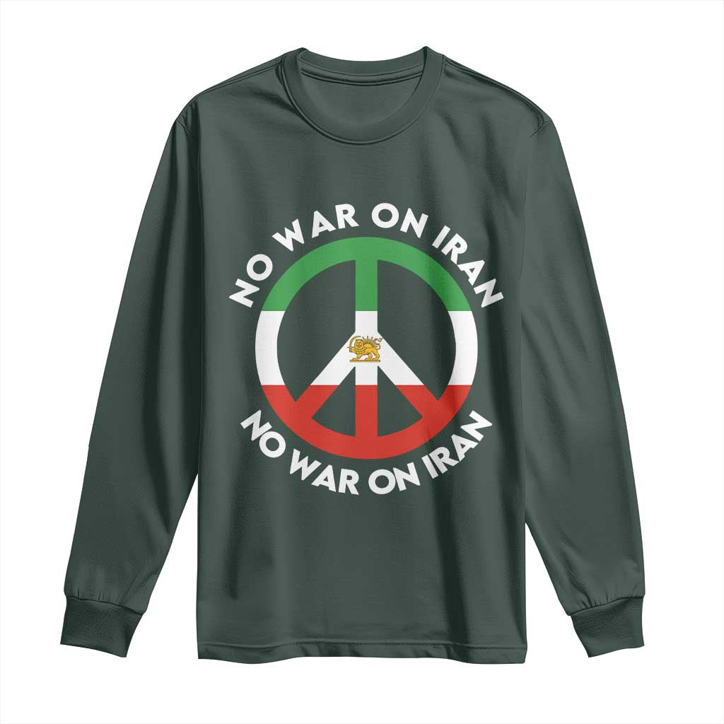 No War On Iran Peace Symbol Long Sleeve Shirt Iranian Lion Emblem Anti War Protest TS02 Dark Forest Green Print Your Wear