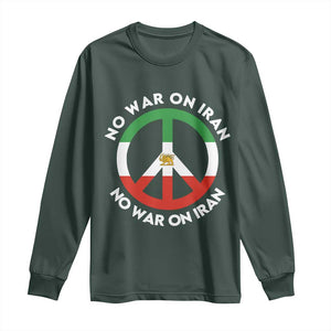 No War On Iran Peace Symbol Long Sleeve Shirt Iranian Lion Emblem Anti War Protest TS02 Dark Forest Green Print Your Wear