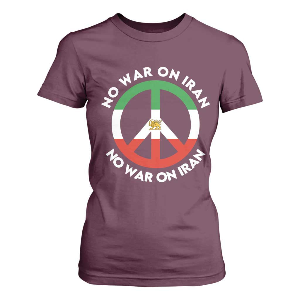 No War On Iran Peace Symbol T Shirt For Women Iranian Lion Emblem Anti War Protest TS02 Maroon Print Your Wear