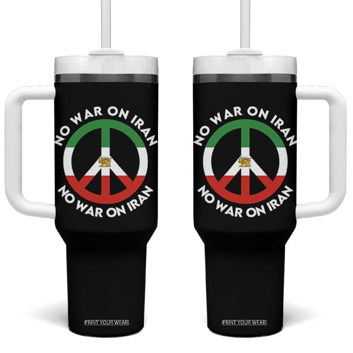 No War On Iran Peace Symbol Tumbler With Handle Iranian Lion Emblem Anti War Protest TS02 One Size: 40 oz Black Print Your Wear