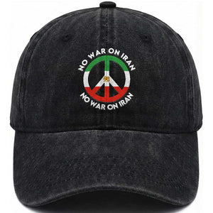 No War On Iran Peace Symbol Washed Cotton Baseball Cap Iranian Lion Emblem Anti War Protest TS02 Washed Cap Universal Fit Black Print Your Wear