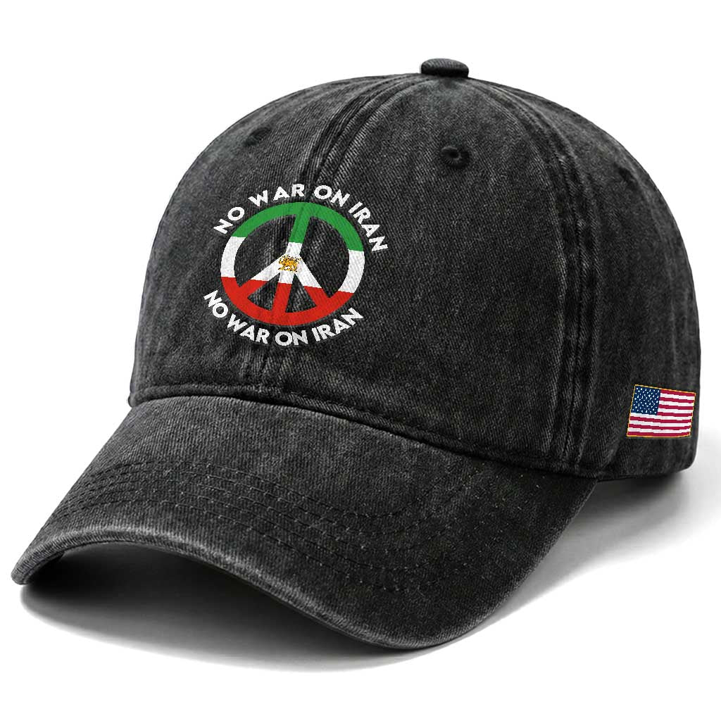 No War On Iran Peace Symbol Washed Cotton Baseball Cap Iranian Lion Emblem Anti War Protest TS02 Print Your Wear