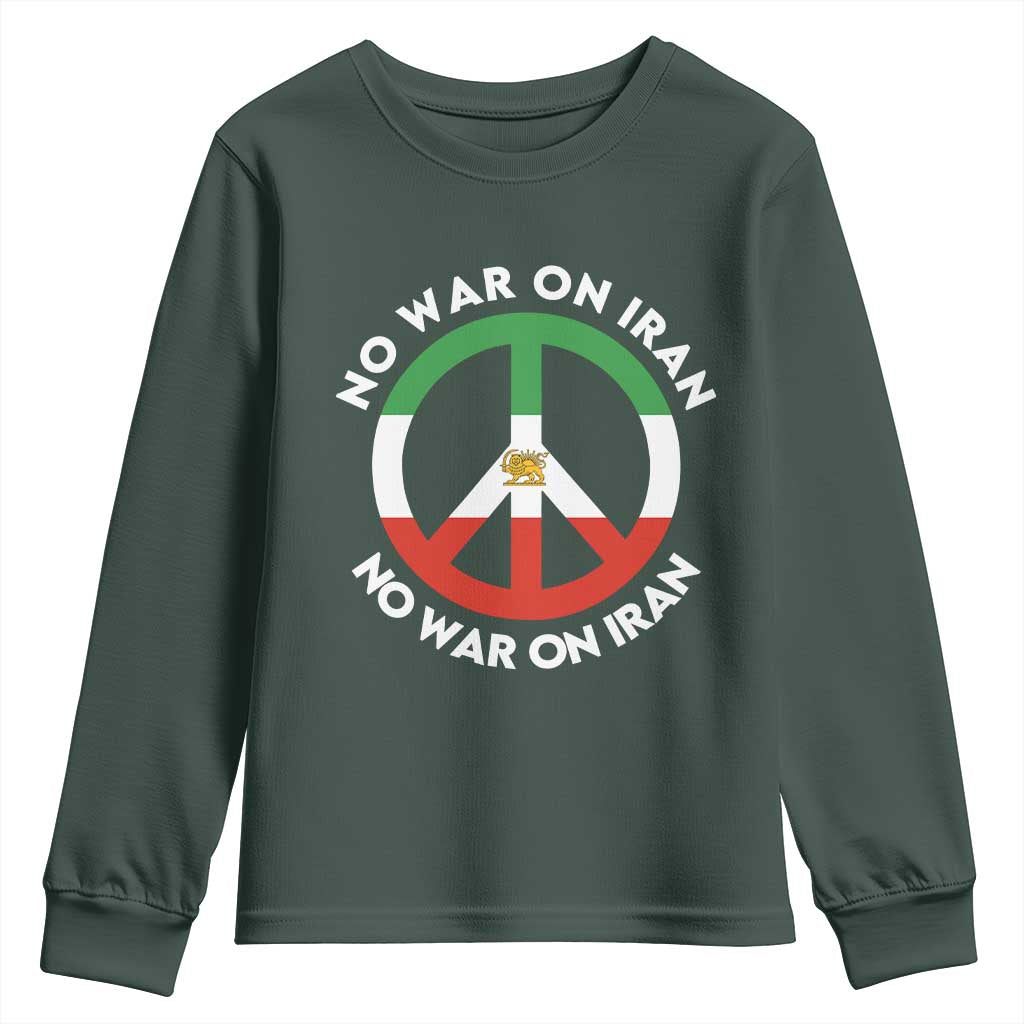 No War On Iran Peace Symbol Youth Sweatshirt Iranian Lion Emblem Anti War Protest TS02 Dark Forest Green Print Your Wear