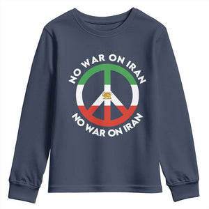 No War On Iran Peace Symbol Youth Sweatshirt Iranian Lion Emblem Anti War Protest TS02 Navy Print Your Wear