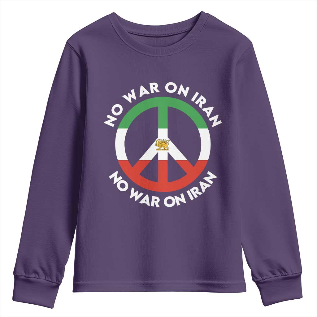 No War On Iran Peace Symbol Youth Sweatshirt Iranian Lion Emblem Anti War Protest TS02 Purple Print Your Wear