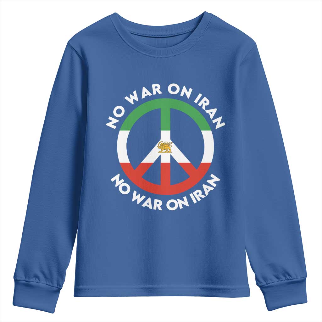 No War On Iran Peace Symbol Youth Sweatshirt Iranian Lion Emblem Anti War Protest TS02 Royal Blue Print Your Wear