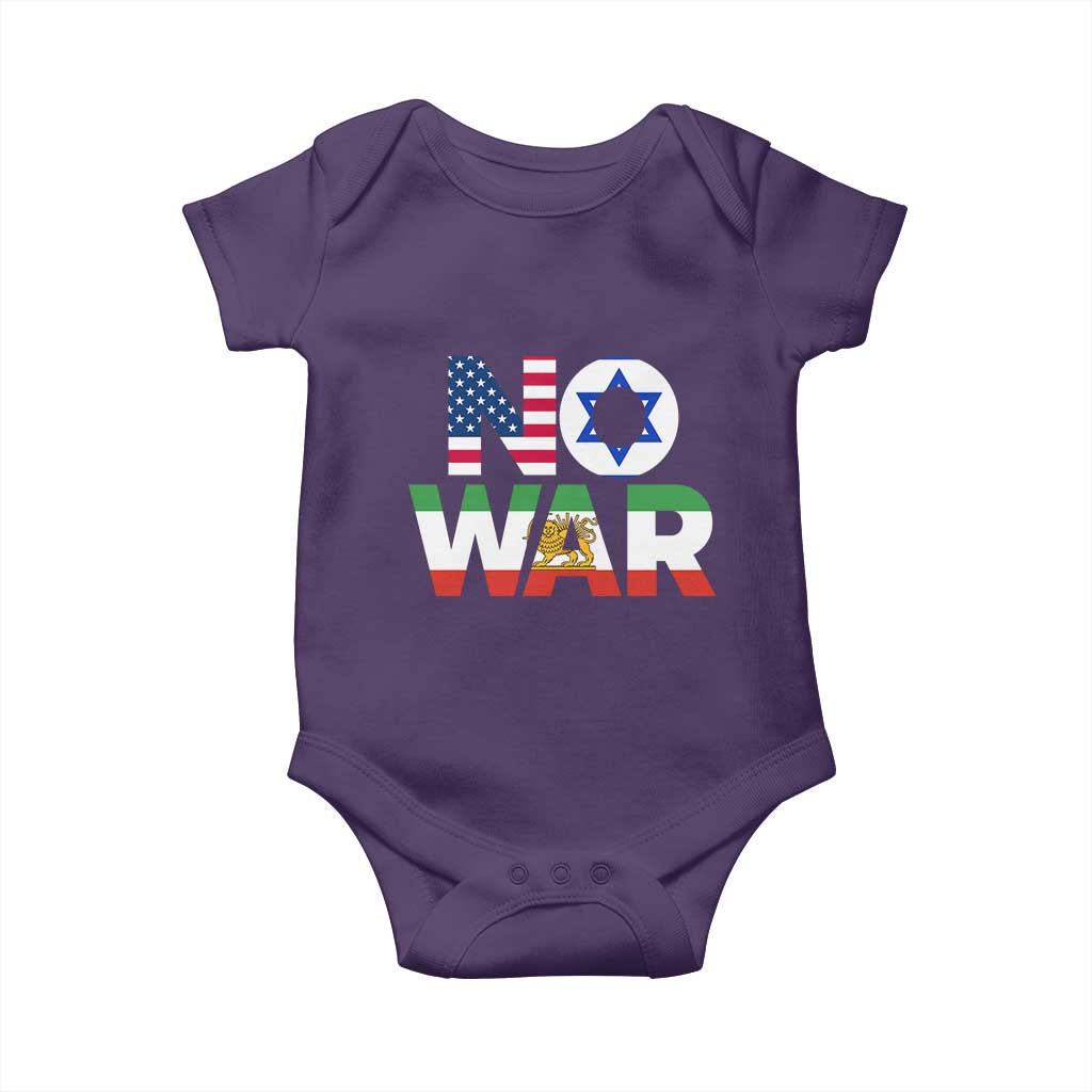 No War USA Israel Iran Flags Baby Onesie Anti War Protest Political Statement TS02 Purple Print Your Wear