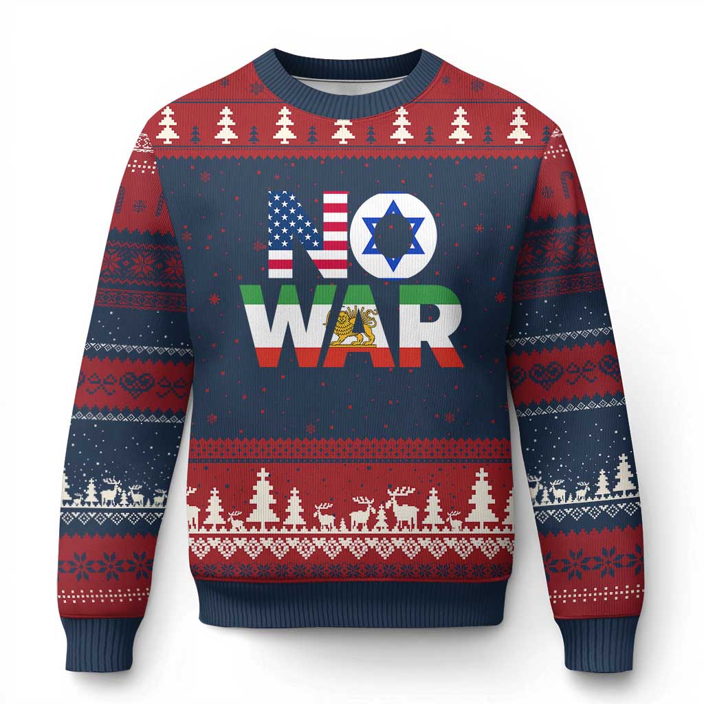 No War USA Israel Iran Flags Ugly Christmas Sweater Anti War Protest Political Statement TS02 Navy Red Print Your Wear