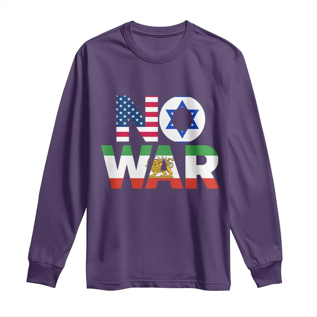 No War USA Israel Iran Flags Long Sleeve Shirt Anti War Protest Political Statement TS02 Purple Print Your Wear