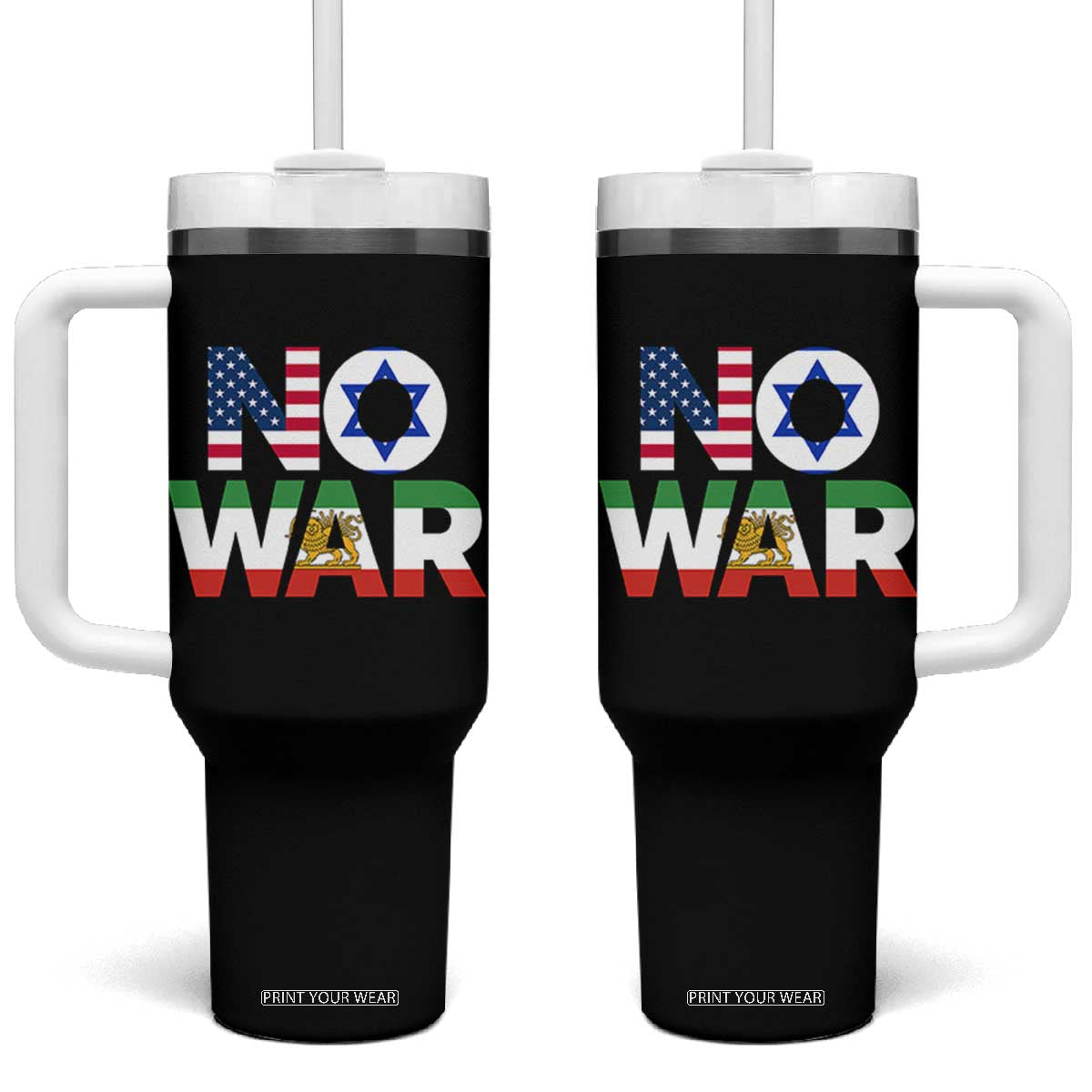 No War USA Israel Iran Flags Tumbler With Handle Anti War Protest Political Statement TS02 One Size: 40 oz Black Print Your Wear