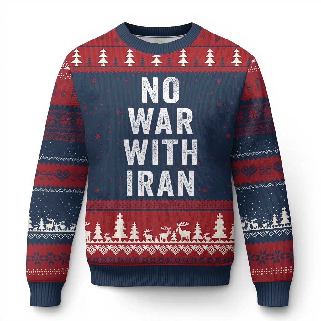 No War With Iran Ugly Christmas Sweater Anti War Peace Protest Iranian People TS02 Navy Red Print Your Wear
