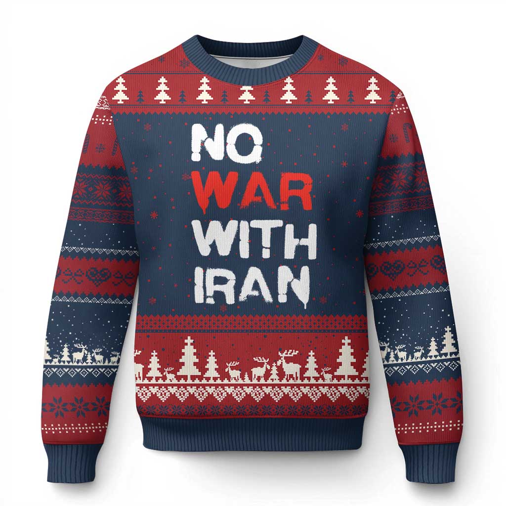 No War With Iran Ugly Christmas Sweater Anti War Peace Activist Protest Iranian People TS02 Navy Red Print Your Wear