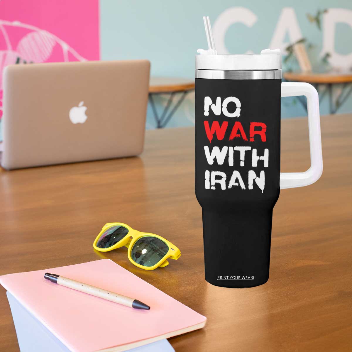 No War With Iran Tumbler With Handle Anti War Peace Activist Protest Iranian People TS02 Print Your Wear