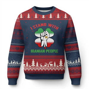 I Stand With Iranian People Freedom Supporters Ugly Christmas Sweater Raised Fist Persian Flag Iran Revolution TS02 Navy Red Print Your Wear