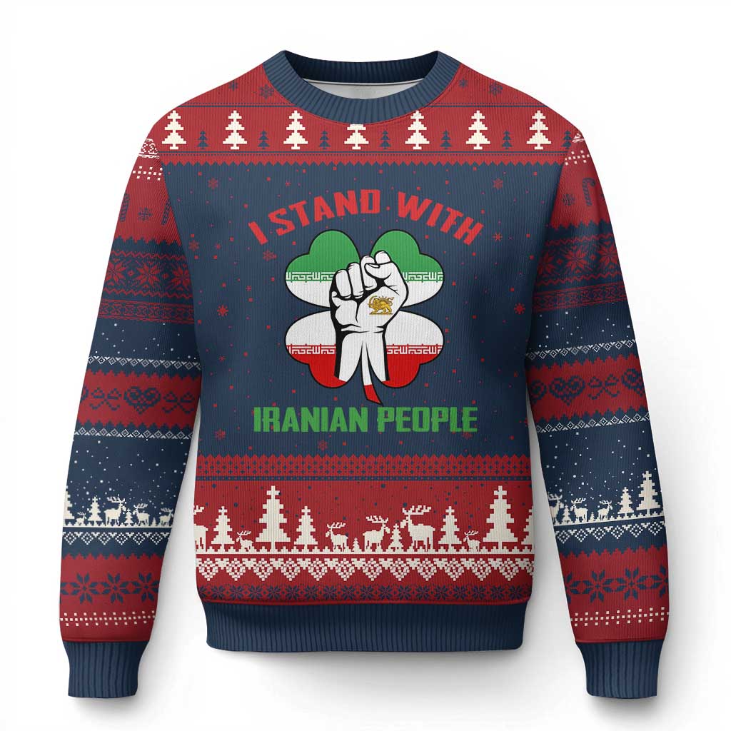 I Stand With Iranian People Freedom Supporters Ugly Christmas Sweater Raised Fist Persian Flag Iran Revolution TS02 Navy Red Print Your Wear