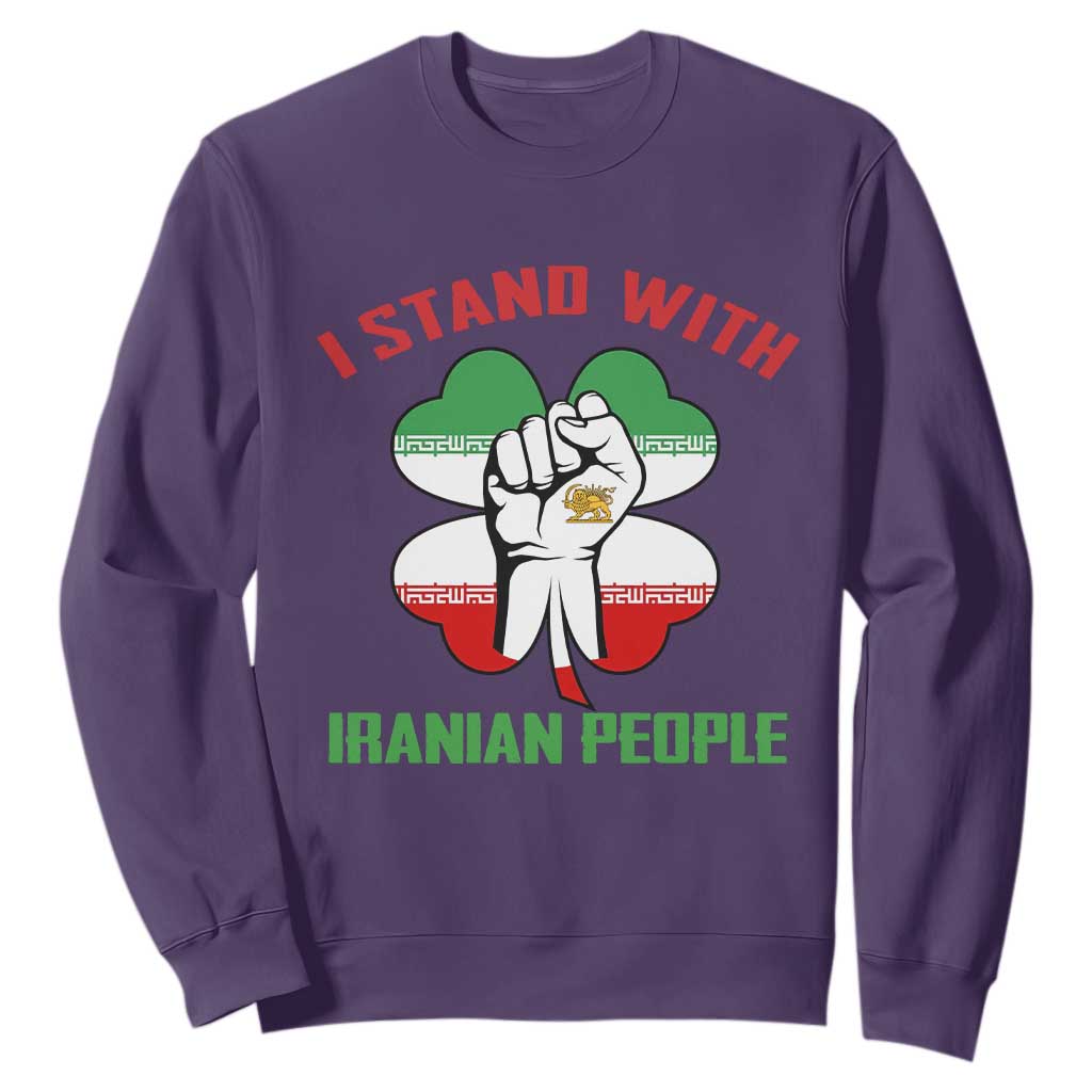 I Stand With Iranian People Freedom Supporters Sweatshirt Raised Fist Persian Flag Iran Revolution TS02 Purple Print Your Wear