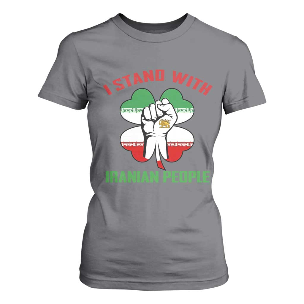 I Stand With Iranian People Freedom Supporters T Shirt For Women Raised Fist Persian Flag Iran Revolution TS02 Charcoal Print Your Wear