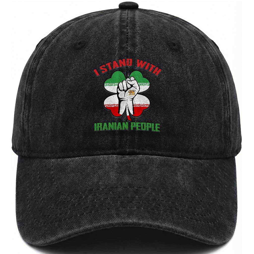 I Stand With Iranian People Freedom Supporters Washed Cotton Baseball Cap Raised Fist Persian Flag Iran Revolution TS02 Washed Cap Universal Fit Black Print Your Wear