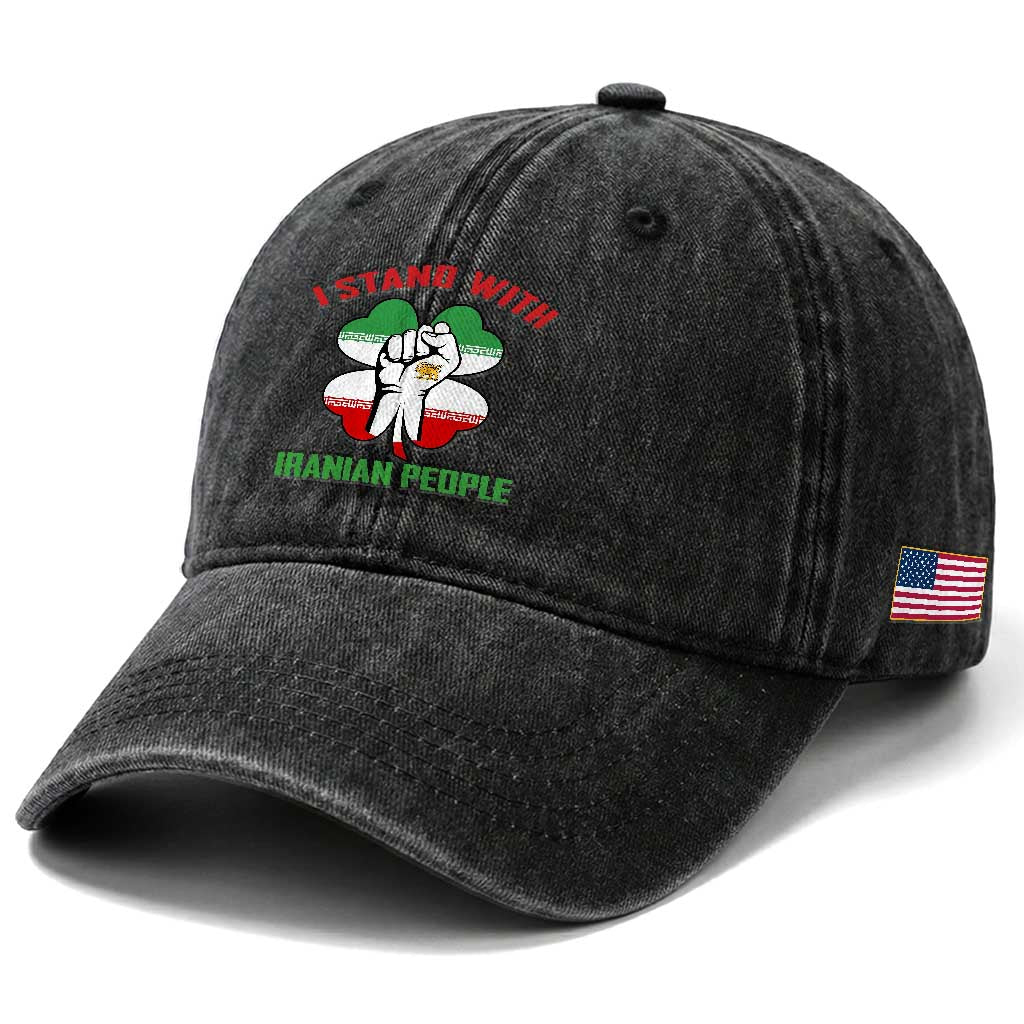 I Stand With Iranian People Freedom Supporters Washed Cotton Baseball Cap Raised Fist Persian Flag Iran Revolution TS02 Print Your Wear