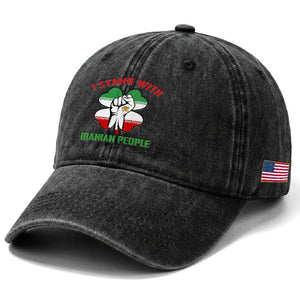 I Stand With Iranian People Freedom Supporters Washed Cotton Baseball Cap Raised Fist Persian Flag Iran Revolution TS02 Print Your Wear